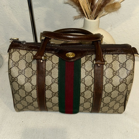 Authentic Gucci brown monogram coated canvas Boston satchel bag - Picture 1 of 17